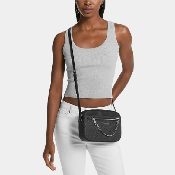 MICHAEL KORS Black Jet Set Crossbody Bag Silver MK Monogram Canvas Print - Picture 1 of 5